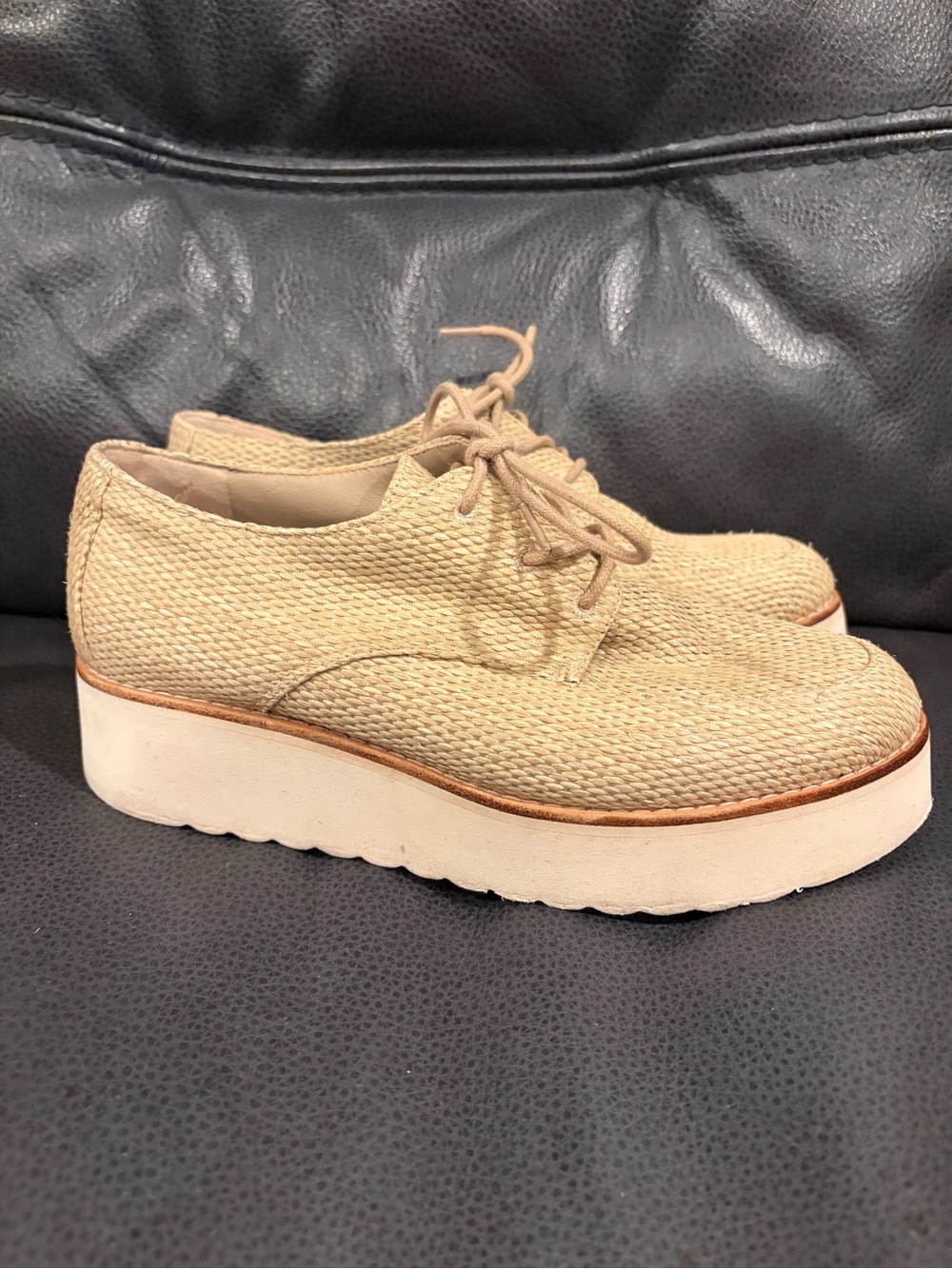 Vince Beige Woven Platform Lace-Up Oxfords